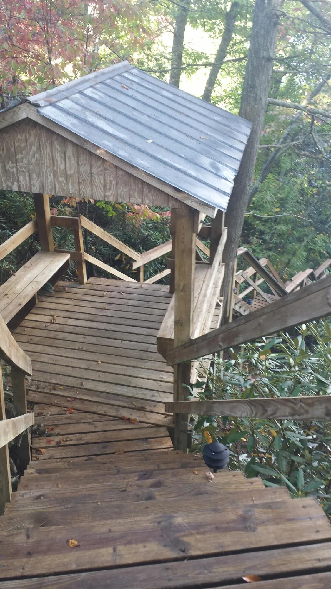Metal roofed shelter over wooden steps on a wooded walkway — Skylight Repair & Installation work by our crew in Greenbush